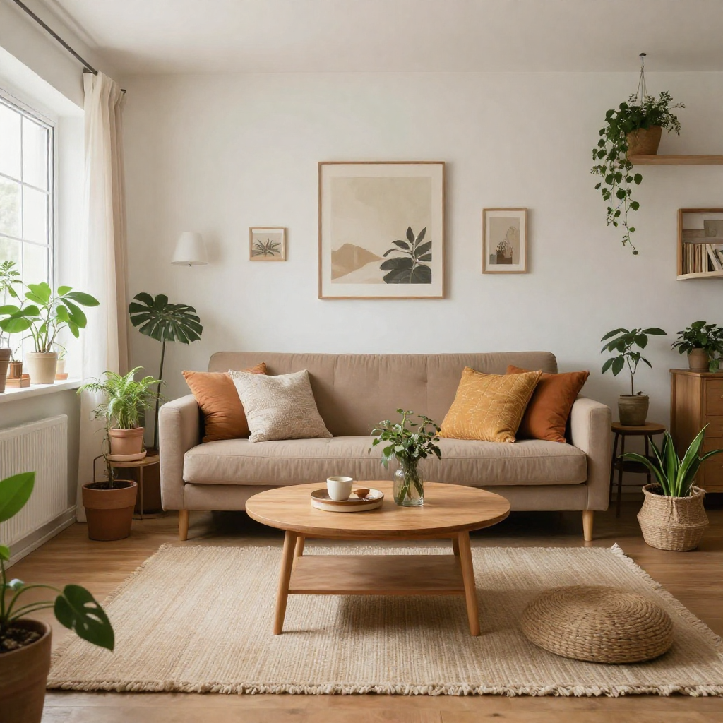 Salón acogedor con decoración cálida, plantas de interior, sofá beige y luz natural